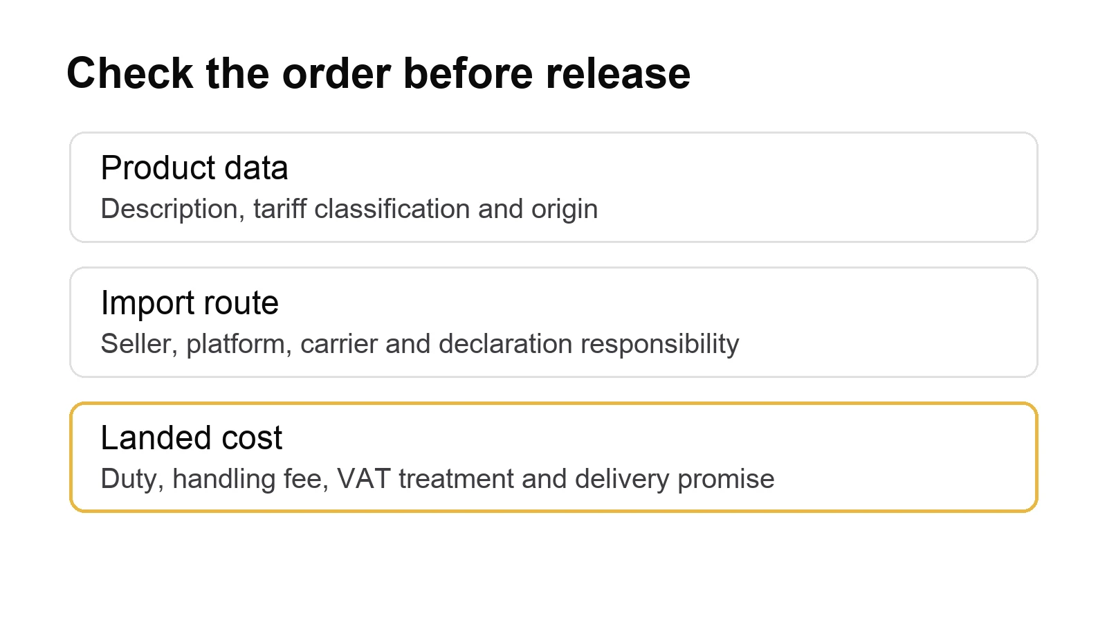 Three-step workflow for product data, import responsibility and landed cost