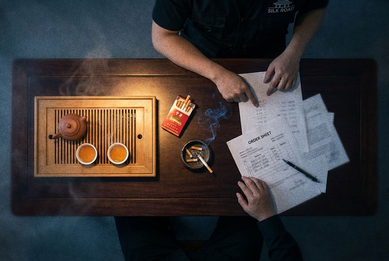 Overhead view of a tea tray and order sheets spread across a table mid-negotiation